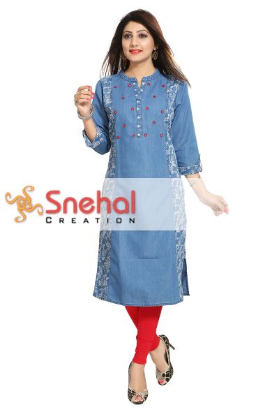 Blue Designer Printed Denim Long Kurti for The Season