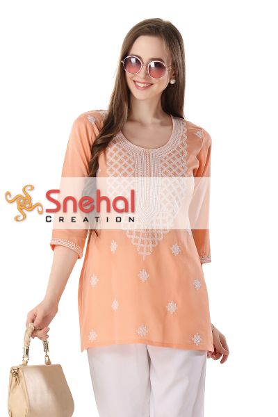 Peach Rayon Chikankari Kurti Tunic